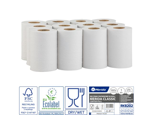 Ręczniki papierowe w roli MERIDA CLASSIC MINI, białe, średnica 13 cm, długość 116 m, jednowarstwowe, zgrzewka 12 rolek